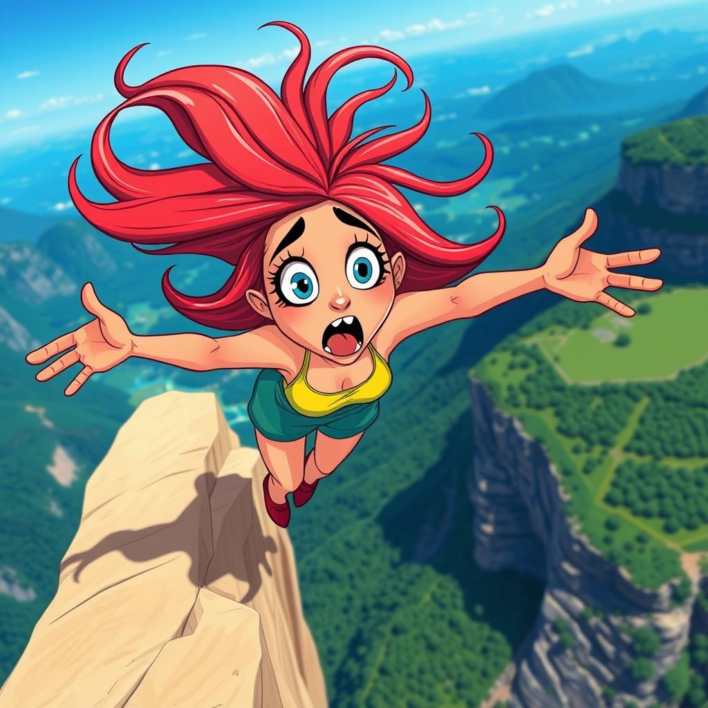 A beautifully designed cartoon woman with bright, vibrant colors and exaggerated features, depicting a scared expression as she falls off a cliff