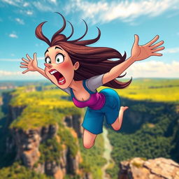 A beautifully designed cartoon woman with bright, vibrant colors and exaggerated features, depicting a scared expression as she falls off a cliff
