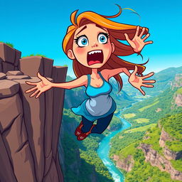 A beautifully designed cartoon woman with bright, vibrant colors and exaggerated features, depicting a scared expression as she falls off a cliff
