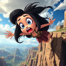 A beautiful black-haired cartoon woman with large expressive eyes and an exaggerated scared expression, as she tumbles off a cliff