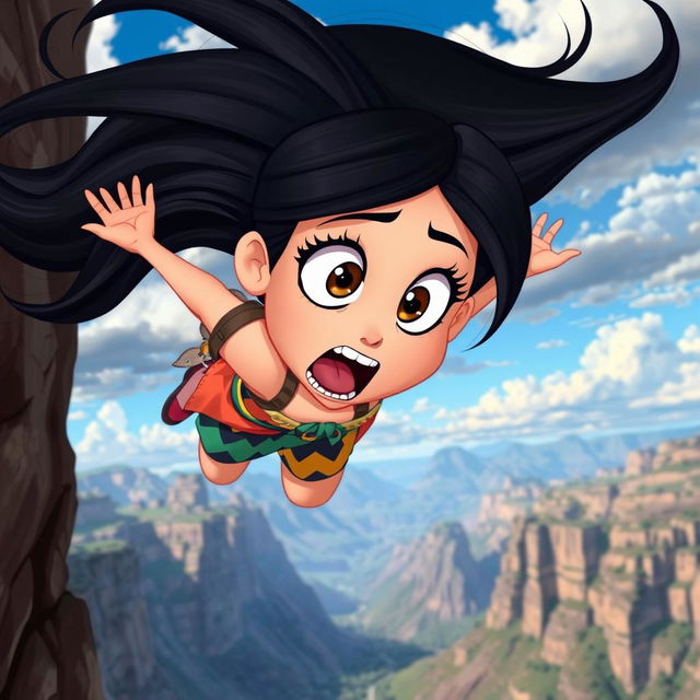 A beautiful black-haired cartoon woman with large expressive eyes and an exaggerated scared expression, as she tumbles off a cliff