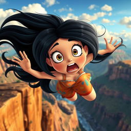A beautiful black-haired cartoon woman with large expressive eyes and an exaggerated scared expression, as she tumbles off a cliff
