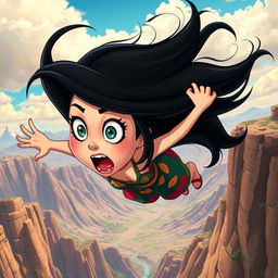 A beautiful black-haired cartoon woman with large expressive eyes and an exaggerated scared expression, as she tumbles off a cliff