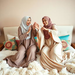A whimsical and playful scene featuring two elegant hijab-wearing women in beautiful abayas engaged in a fun, light-hearted battle in bed, showcasing their dynamic energy and friendship