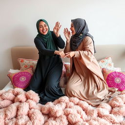 A whimsical and playful scene featuring two elegant hijab-wearing women in beautiful abayas engaged in a fun, light-hearted battle in bed, showcasing their dynamic energy and friendship