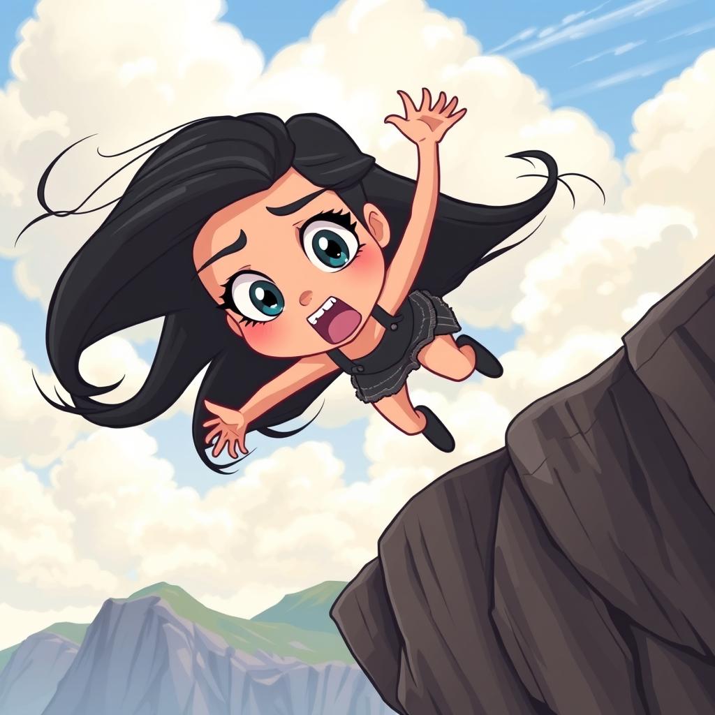 A beautiful black-haired cartoon woman with large expressive eyes and a terrified expression, dramatically falling off a cliff