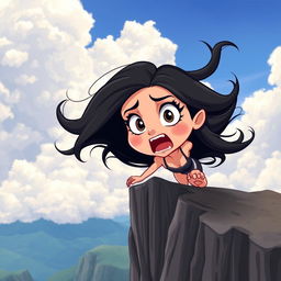 A beautiful black-haired cartoon woman with large expressive eyes and a terrified expression, dramatically falling off a cliff