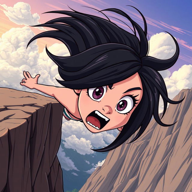 A beautiful black-haired cartoon woman with large expressive eyes and a terrified expression, dramatically falling off a cliff