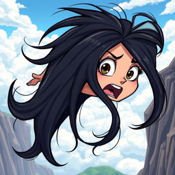 A beautiful black-haired cartoon woman with large expressive eyes and a terrified expression, dramatically falling off a cliff