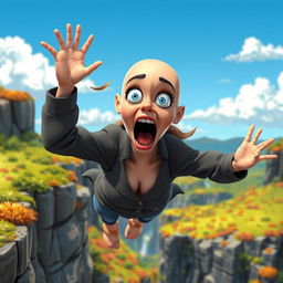 A beautiful bald cartoon woman with exaggerated features and a scared expression, mid-fall from a cliff, her arms flailing dramatically