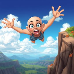 A beautiful bald cartoon woman with exaggerated features and a scared expression, mid-fall from a cliff, her arms flailing dramatically