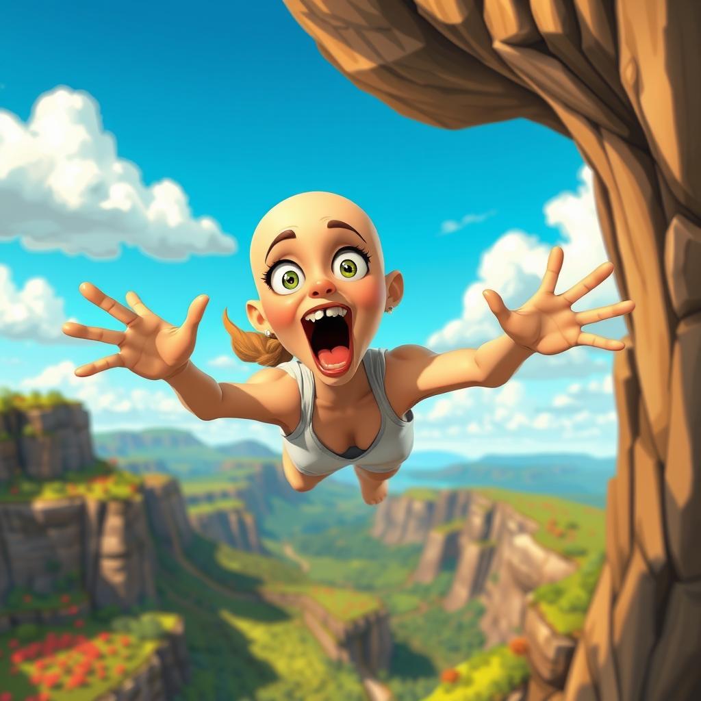 A beautiful bald cartoon woman with exaggerated features and a scared expression, mid-fall from a cliff, her arms flailing dramatically