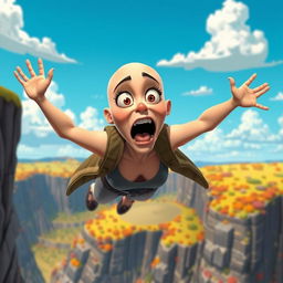 A beautiful bald cartoon woman with exaggerated features and a scared expression, mid-fall from a cliff, her arms flailing dramatically