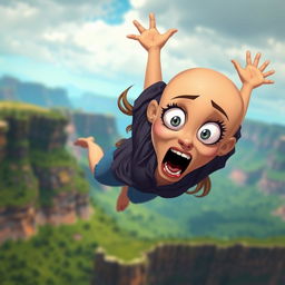 A beautiful, bald cartoon woman with exaggerated features, falling off a cliff with a terrified expression on her face