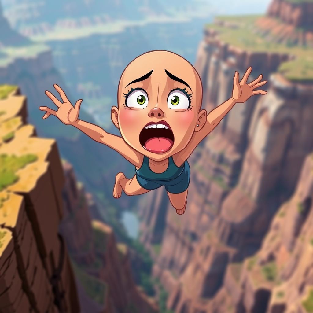 A beautiful, bald cartoon woman with exaggerated features, falling off a cliff with a terrified expression on her face