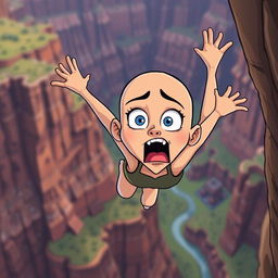 A beautiful, bald cartoon woman with exaggerated features, falling off a cliff with a terrified expression on her face