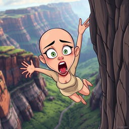 A beautiful, bald cartoon woman with exaggerated features, falling off a cliff with a terrified expression on her face