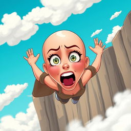 A beautiful bald cartoon woman with a scared expression, dramatically falling off a cliff