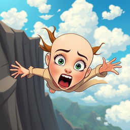 A beautiful bald cartoon woman with a scared expression, dramatically falling off a cliff