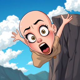 A beautiful bald cartoon woman with a scared expression, dramatically falling off a cliff