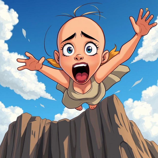 A beautiful bald cartoon woman with a scared expression, dramatically falling off a cliff