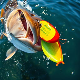 A close-up view of a barramundi fish attacking a colorful fishing lure, with dynamic water splashes around it
