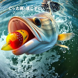 A close-up view of a barramundi fish attacking a colorful fishing lure, with dynamic water splashes around it