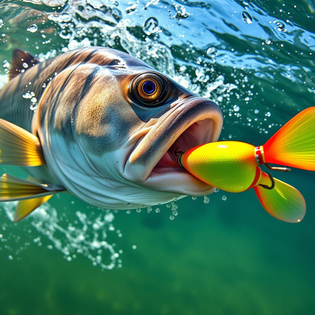 A close-up view of a barramundi fish attacking a colorful fishing lure, with dynamic water splashes around it