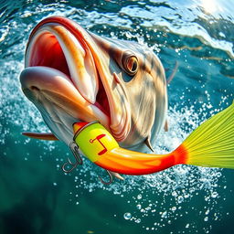 A close-up view of a barramundi fish attacking a colorful fishing lure, with dynamic water splashes around it