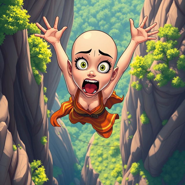 A beautiful bald cartoon woman with exaggerated features, falling off a cliff with a terrified expression on her face