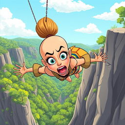 A beautiful bald cartoon woman with exaggerated features, falling off a cliff with a terrified expression on her face