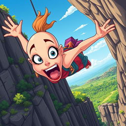 A beautiful bald cartoon woman with exaggerated features, falling off a cliff with a terrified expression on her face