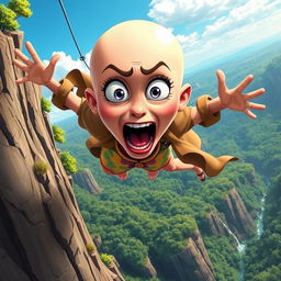 A beautiful bald cartoon woman with exaggerated features, falling off a cliff with a terrified expression on her face