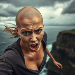 A beautiful bald woman experiencing a moment of fear as she falls off a cliff, her facial expression is wide-eyed and panicked
