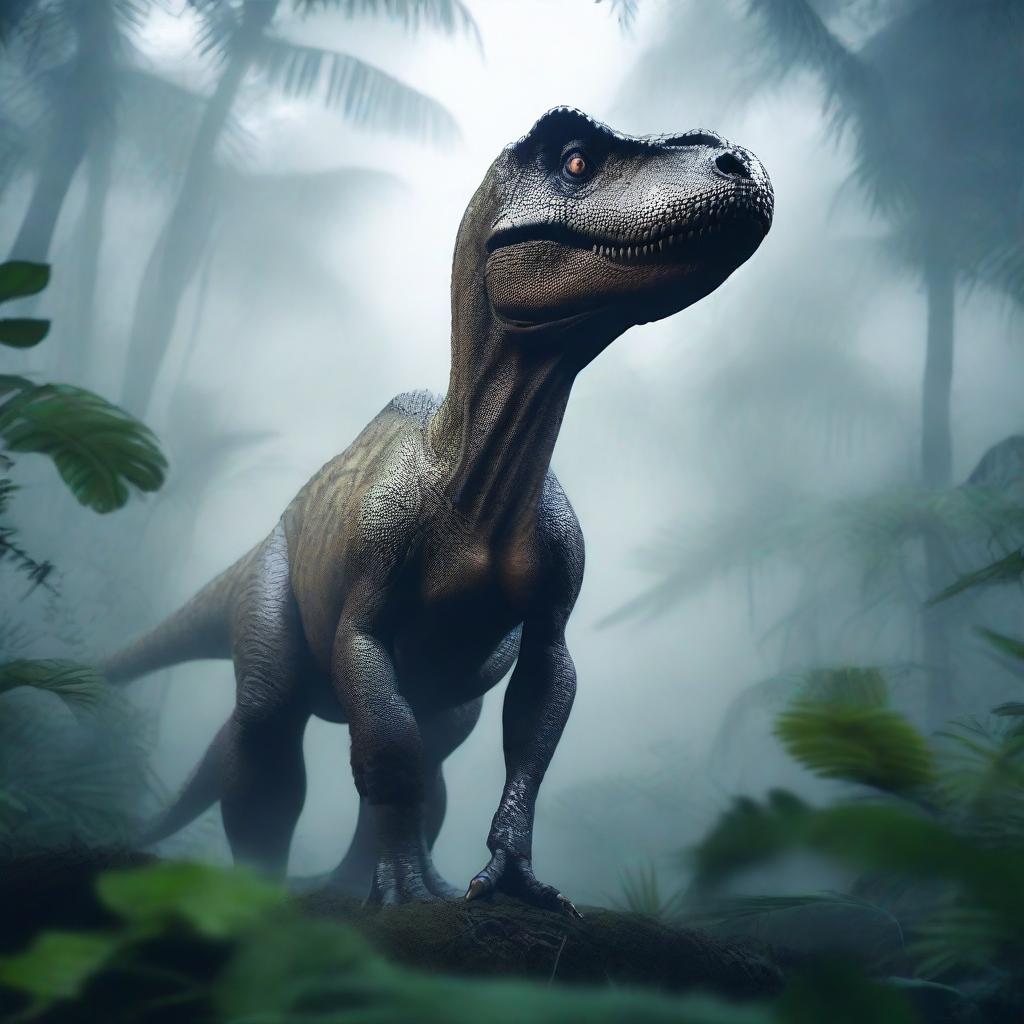 A high-quality, realistic image of a T-Rex dinosaur standing majestically in a foggy jungle