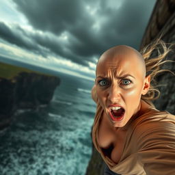 A beautiful bald woman experiencing a moment of fear as she falls off a cliff, her facial expression is wide-eyed and panicked