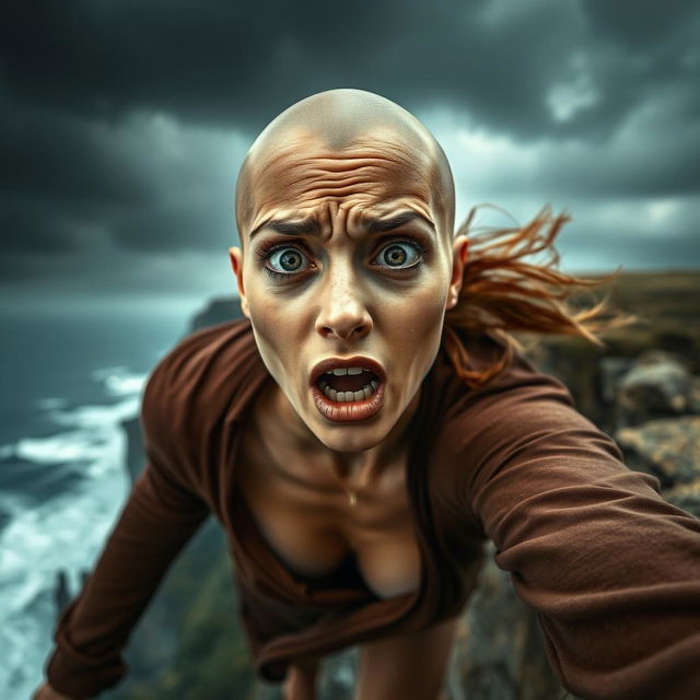 A beautiful bald woman experiencing a moment of fear as she falls off a cliff, her facial expression is wide-eyed and panicked