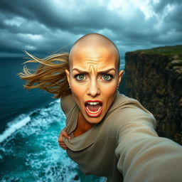 A beautiful bald woman experiencing a moment of fear as she falls off a cliff, her facial expression is wide-eyed and panicked