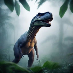 A high-quality, realistic image of a T-Rex dinosaur standing majestically in a foggy jungle