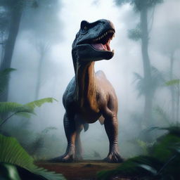 A high-quality, realistic image of a T-Rex dinosaur standing majestically in a foggy jungle