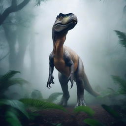 A high-quality, realistic image of a T-Rex dinosaur standing majestically in a foggy jungle