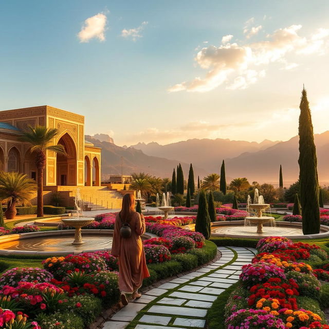 A picturesque landscape of ancient Persia, showcasing magnificent architecture with intricate tile work, lush gardens, and serene water fountains