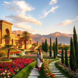 A picturesque landscape of ancient Persia, showcasing magnificent architecture with intricate tile work, lush gardens, and serene water fountains