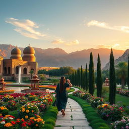 A picturesque landscape of ancient Persia, showcasing magnificent architecture with intricate tile work, lush gardens, and serene water fountains