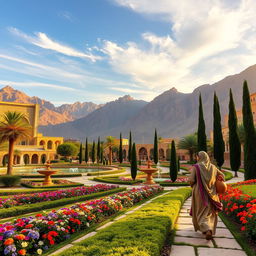 A picturesque landscape of ancient Persia, showcasing magnificent architecture with intricate tile work, lush gardens, and serene water fountains