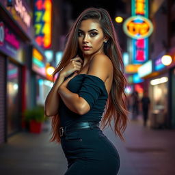 A stunningly beautiful young woman with long flowing hair and alluring eyes, wearing a stylish outfit that accentuates her curves