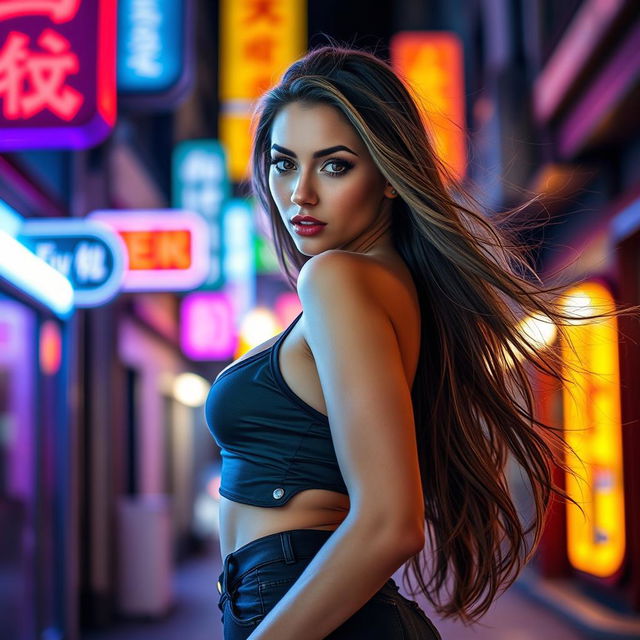 A stunningly beautiful young woman with long flowing hair and alluring eyes, wearing a stylish outfit that accentuates her curves