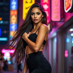 A stunningly beautiful young woman with long flowing hair and alluring eyes, wearing a stylish outfit that accentuates her curves