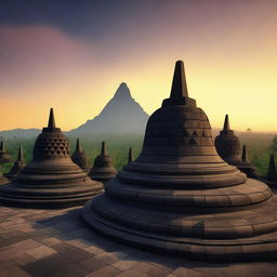 A high-quality digital art piece depicting the iconic Borobudur Temple in Indonesia