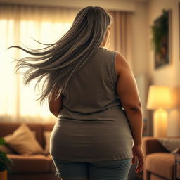A plus-size Indian mature housewife with flowing long grey hair, depicted from behind in a candid and relaxed pose